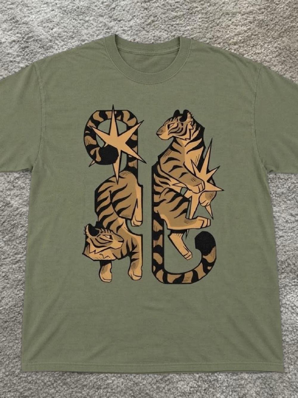 Gildan Militergreen Tee with Black and Tan Tiger Graphic